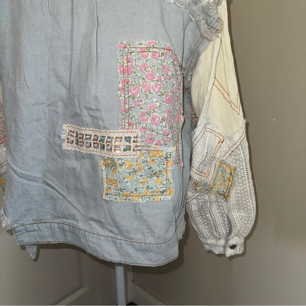Patchwork Denim and Lace Jacket Distressed Boho Denim Shacket Mixed Floral Lace - Picture 11 of 17